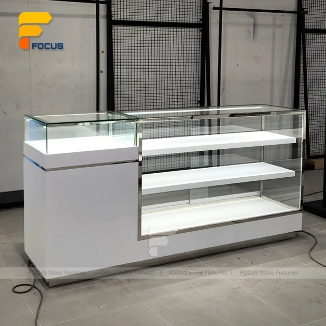 Custom White Minimalist Glass Showcase Counter