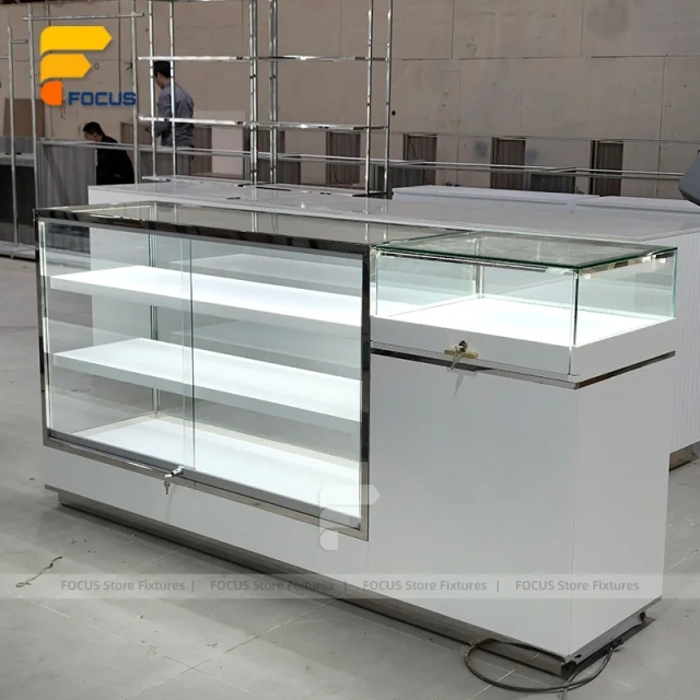Custom White Minimalist Glass Showcase Counter