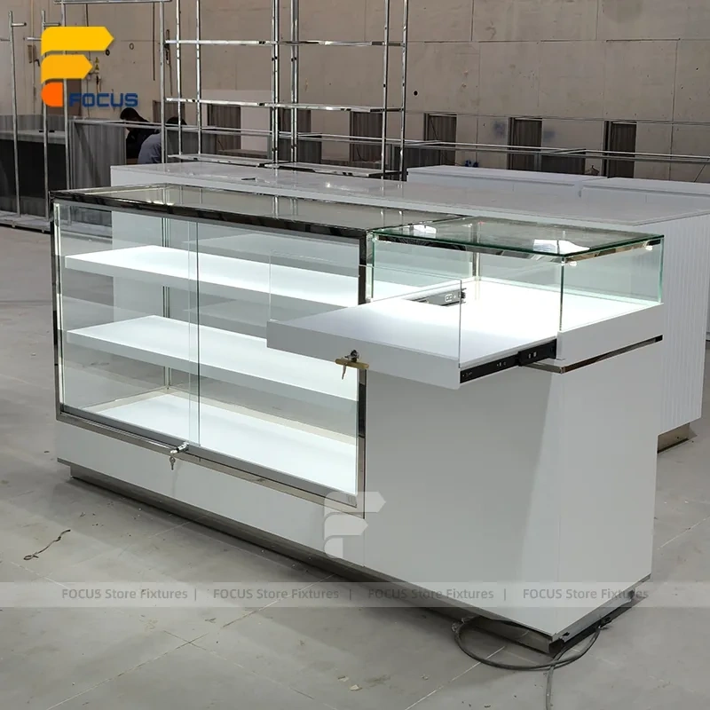 Custom White Minimalist Glass Showcase Counter
