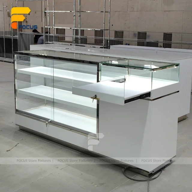 Custom White Minimalist Glass Showcase Counter