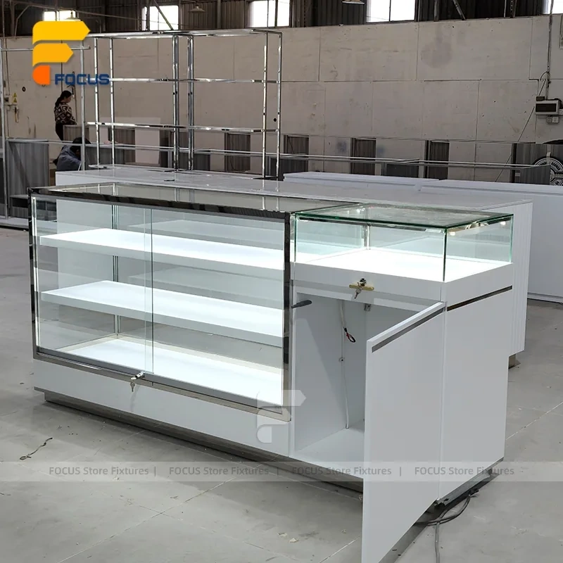 Custom White Minimalist Glass Showcase Counter