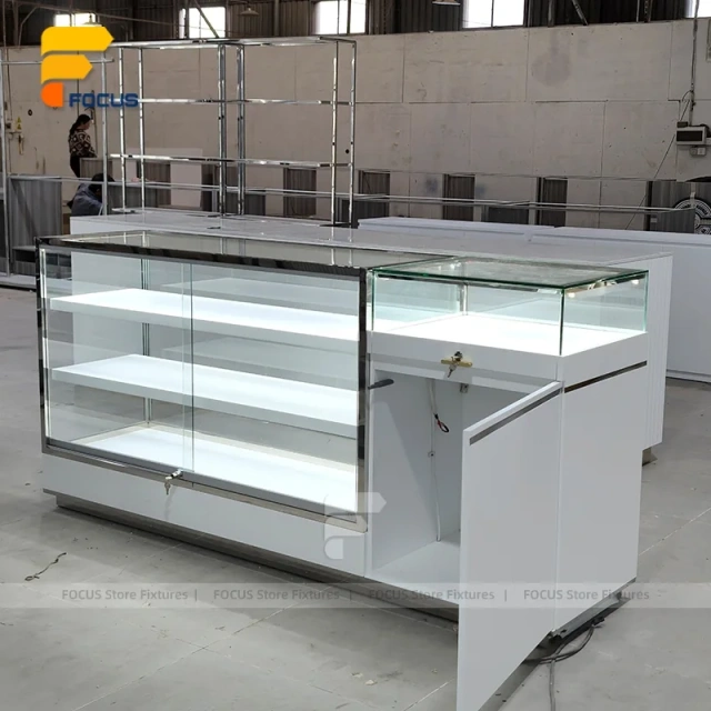 Custom White Minimalist Glass Showcase Counter