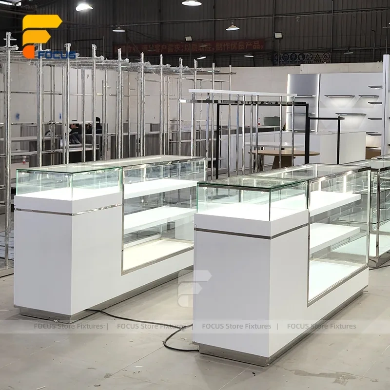 Custom White Minimalist Glass Showcase Counter