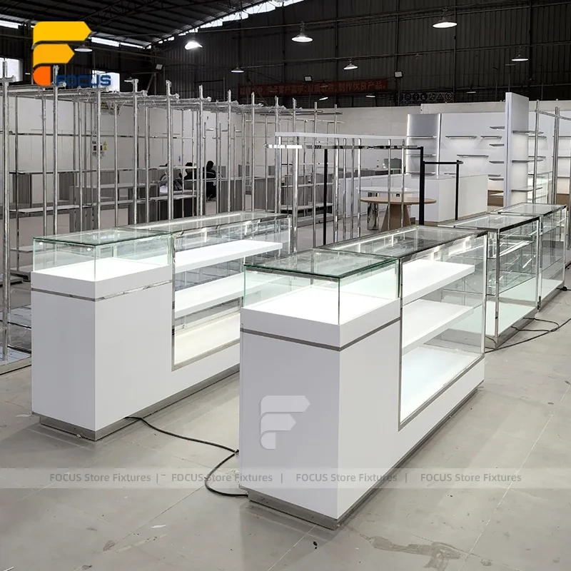 Custom White Minimalist Glass Showcase Counter