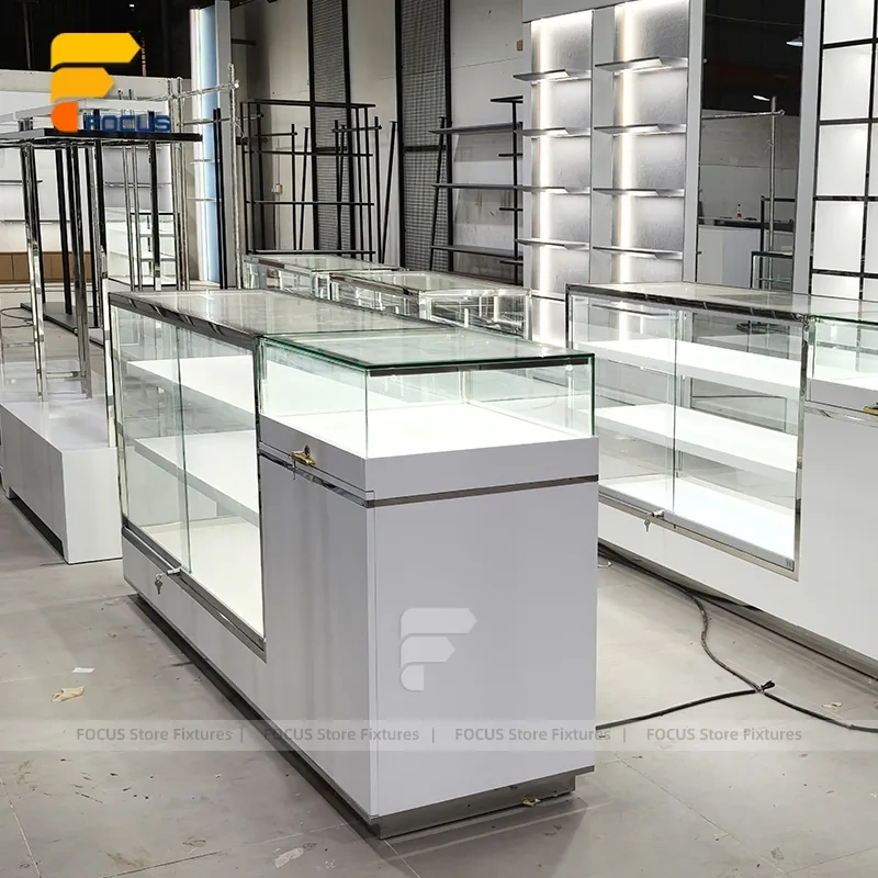Custom White Minimalist Glass Showcase Counter