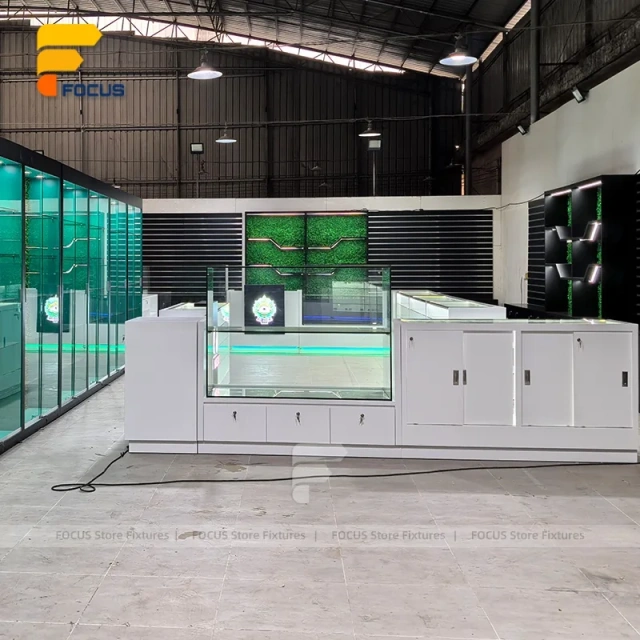 Custom White Reception Counter with Glass Display Cabinet