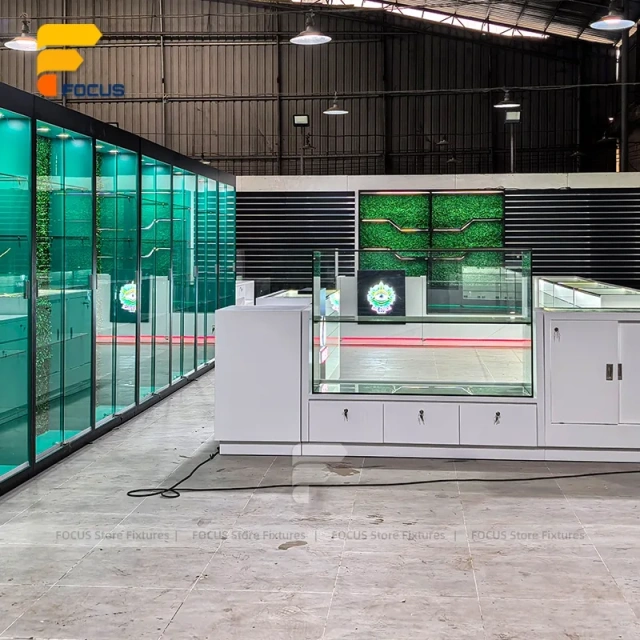 Custom White Reception Counter with Glass Display Cabinet