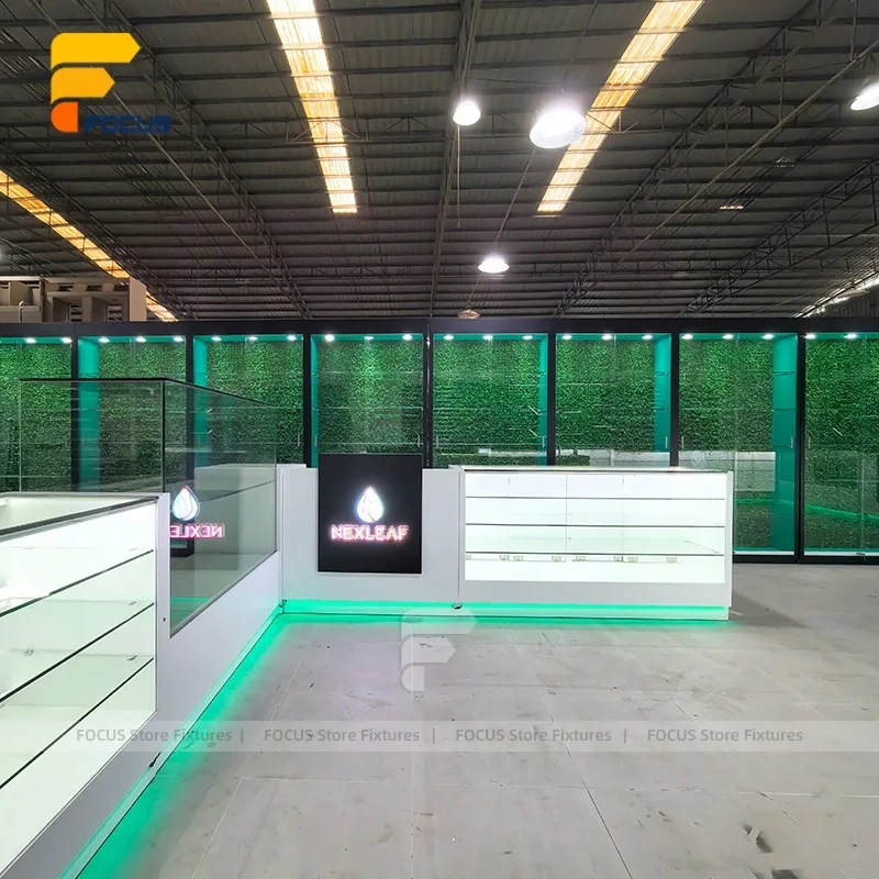 Custom White Reception Counter with Glass Display Cabinet