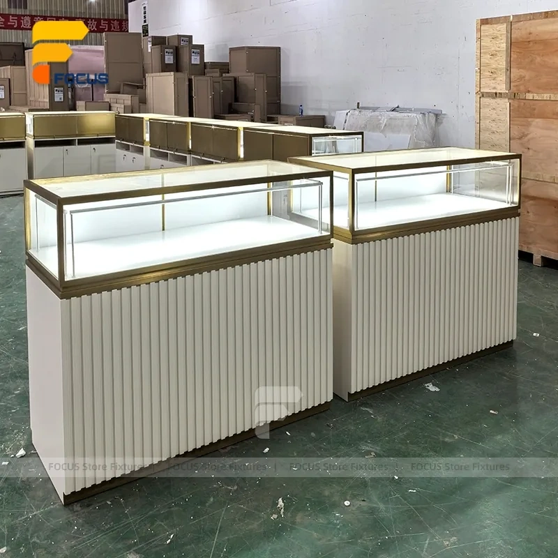 Custom White Ribbed Base Glass Showcase Counter