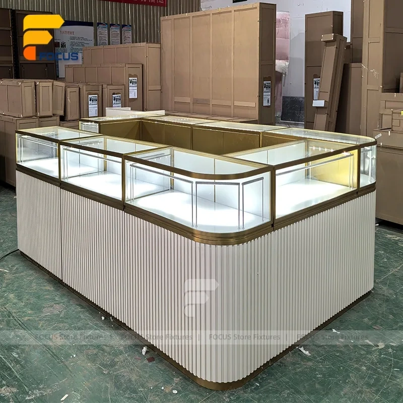 Custom White Ribbed Base Glass Showcase Counter