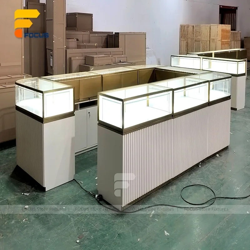 Custom White Ribbed Base Glass Showcase Counter