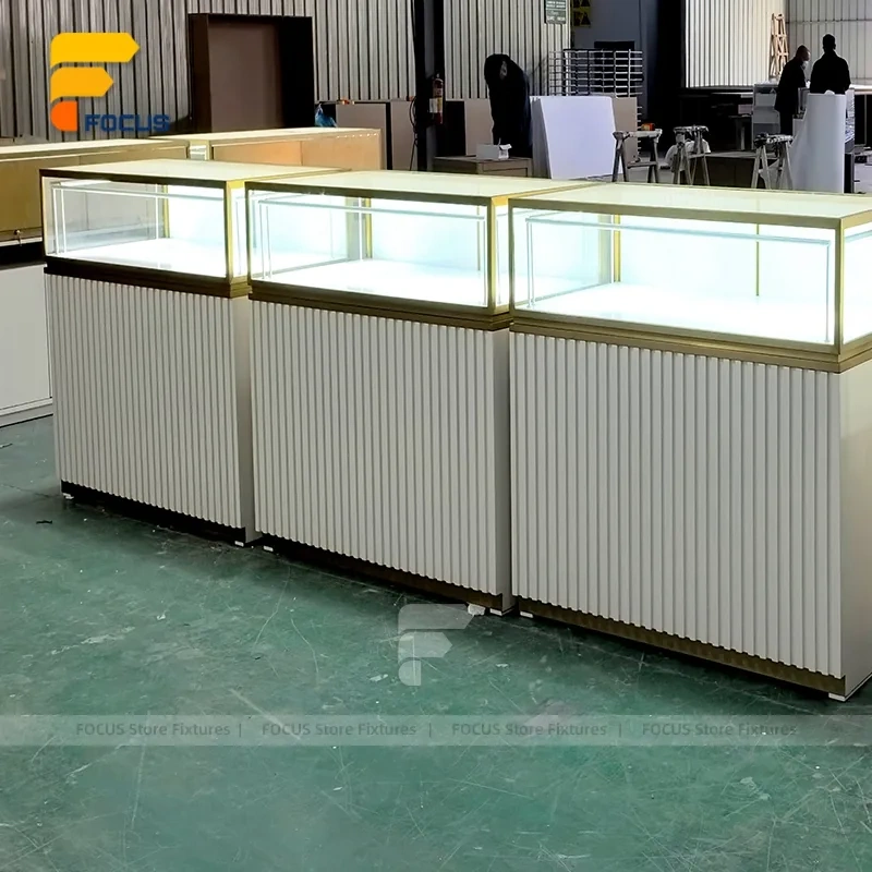 Custom White Ribbed Base Glass Showcase Counter