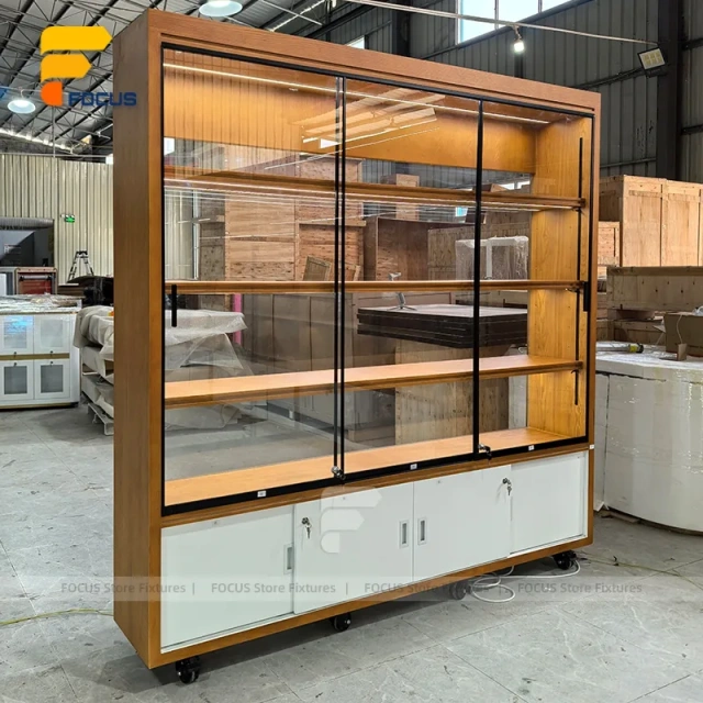 Custom Wood Grain Backlit Wall Display Cabinet Set