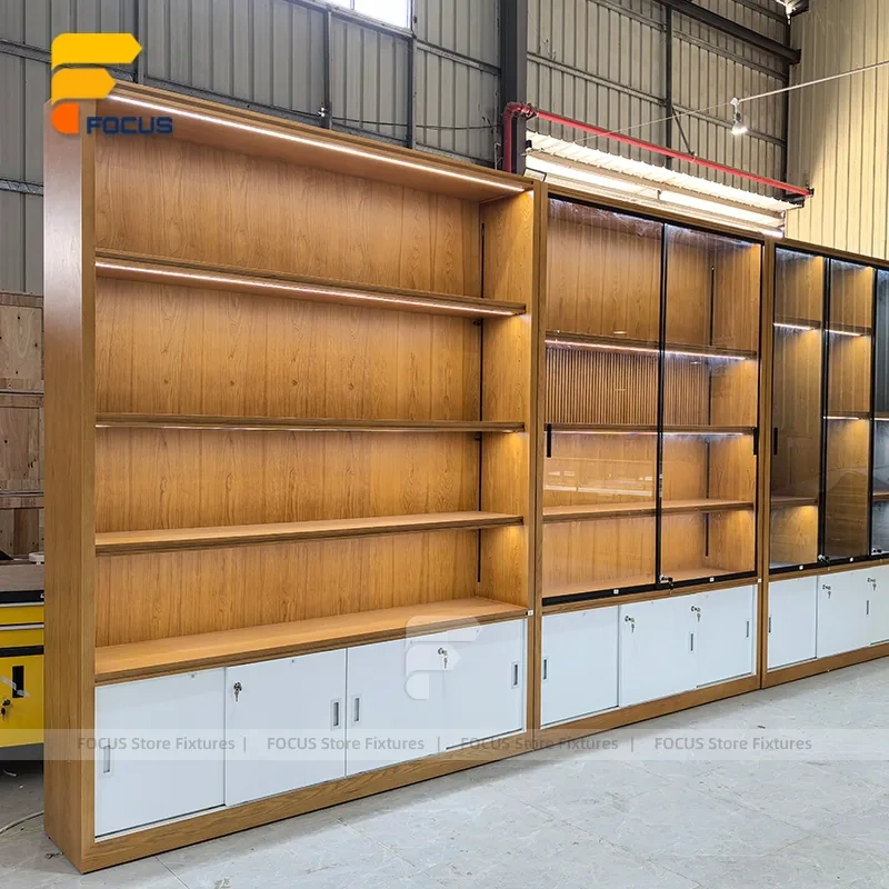 Custom Wood Grain Backlit Wall Display Cabinet Set