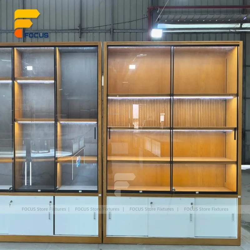 Custom Wood Grain Backlit Wall Display Cabinet Set