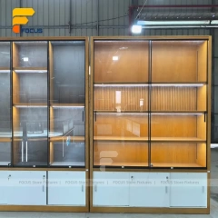 Custom Wood Grain Backlit Wall Display Cabinet Set