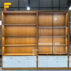 Custom Wood Grain Backlit Wall Display Cabinet Set