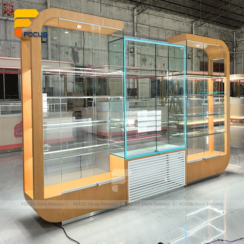 Custom Wood Grain Corner Glass Display Cabinet Counter