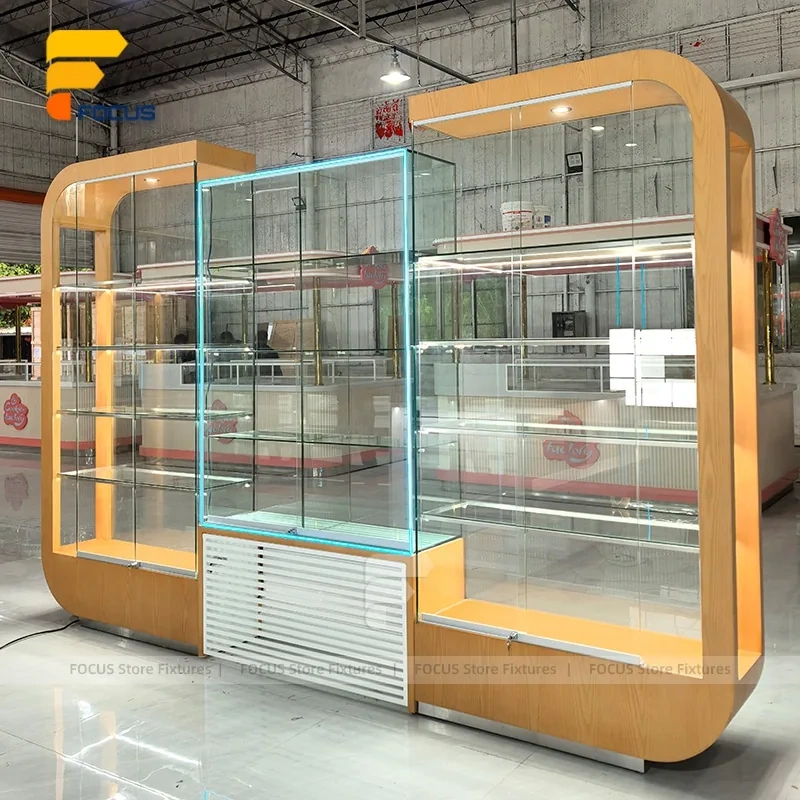 Custom Wood Grain Corner Glass Display Cabinet Counter