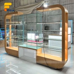 Custom Wood Grain Corner Glass Display Cabinet Counter