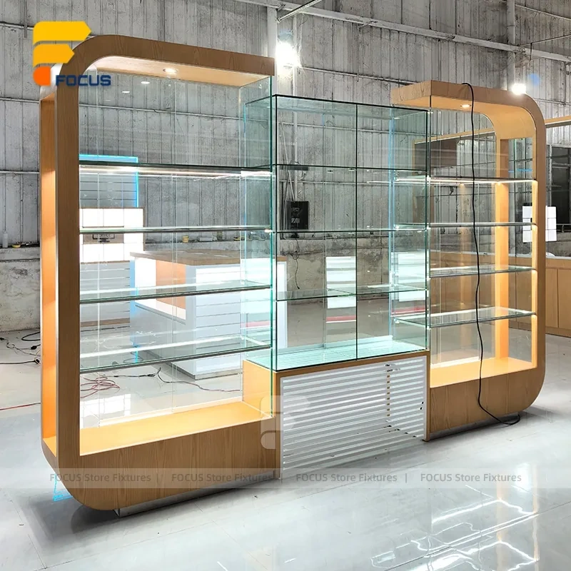 Custom Wood Grain Corner Glass Display Cabinet Counter