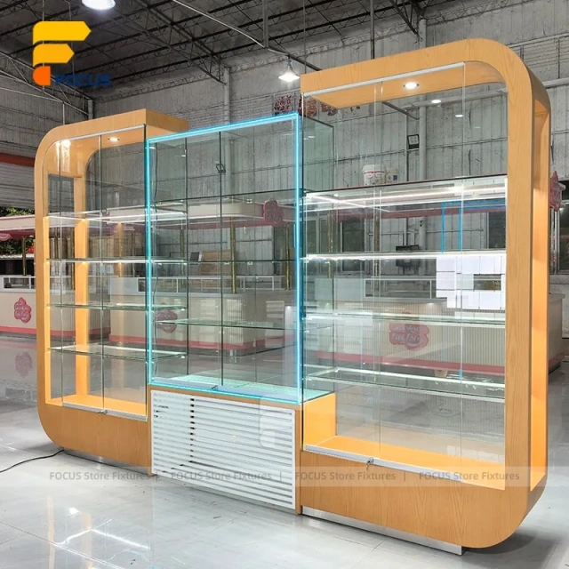 Custom Wood Grain Corner Glass Display Cabinet Counter
