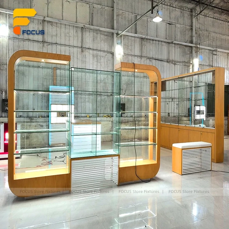 Custom Wood Grain Corner Glass Display Cabinet Counter