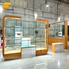 Custom Wood Grain Corner Glass Display Cabinet Counter
