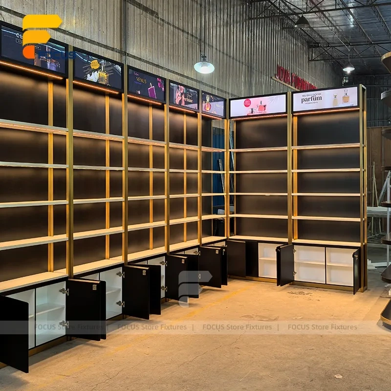 Custom Wood Shelving Display Rack with Ambient Lighting