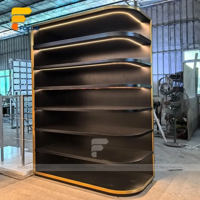 Custom Wood Shelving Display Rack with Ambient Lighting