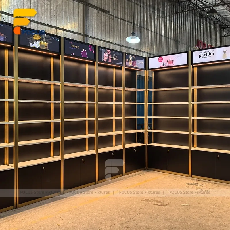 Custom Wood Shelving Display Rack with Ambient Lighting