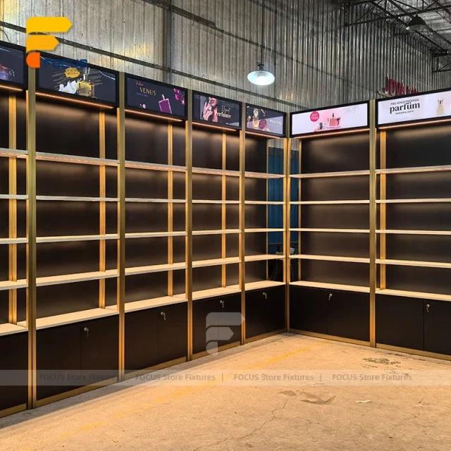 Custom Wood Shelving Display Rack with Ambient Lighting