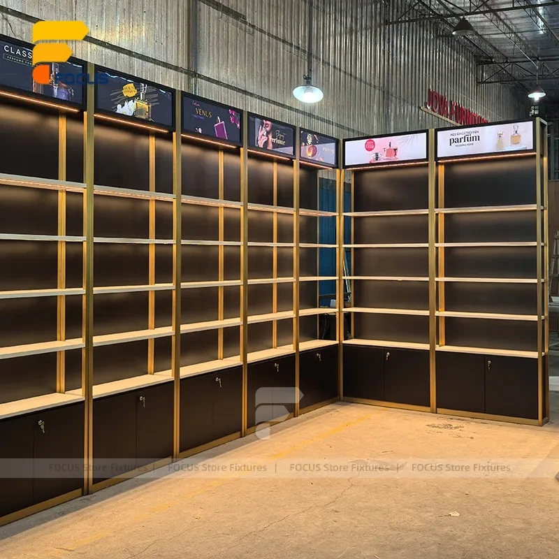 Custom Wood Shelving Display Rack with Ambient Lighting