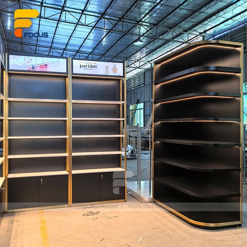 Custom Wood Shelving Display Rack with Ambient Lighting