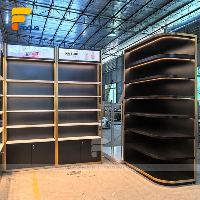 Custom Wood Shelving Display Rack with Ambient Lighting