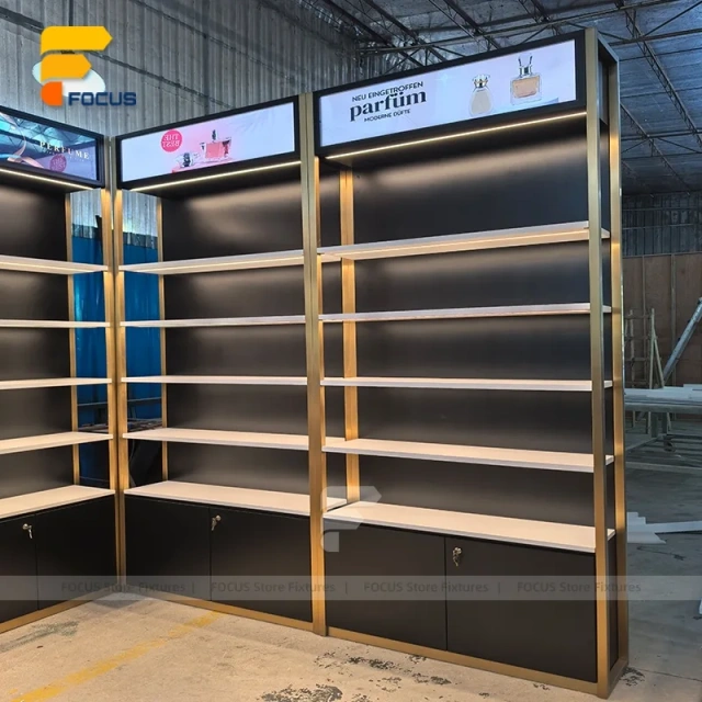 Custom Wood Shelving Display Rack with Ambient Lighting