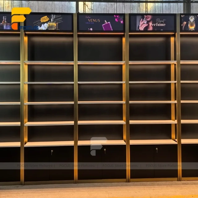 Custom Wood Shelving Display Rack with Ambient Lighting