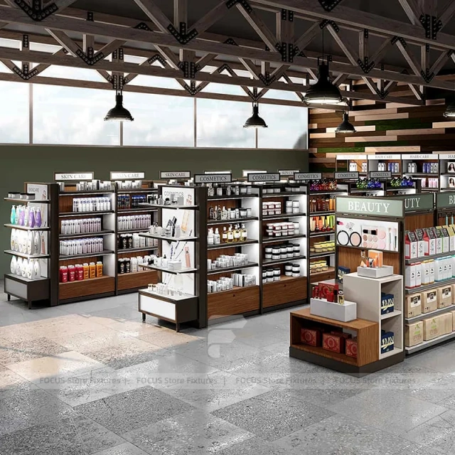 Warm Wood Retail Shelving Tables