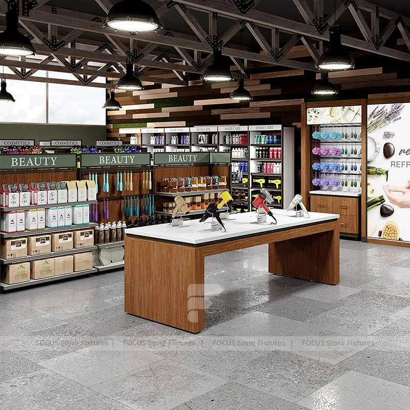 Warm Wood Retail Shelving Tables