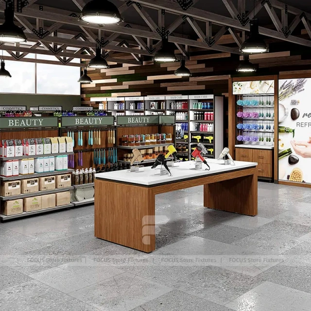 Warm Wood Retail Shelving Tables