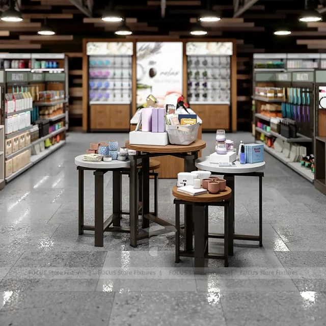 Warm Wood Retail Shelving Tables