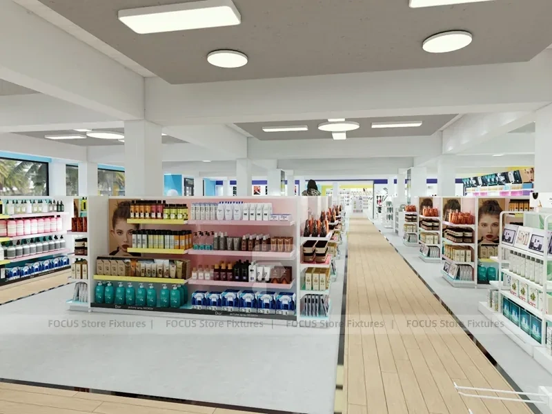 Beauty Supermarket Central Gondola and Perimeter Shelving Layout for Wig Shop