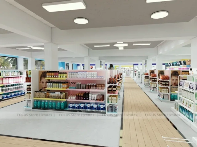 Beauty Supermarket Central Gondola and Perimeter Shelving Layout for Wig Shop