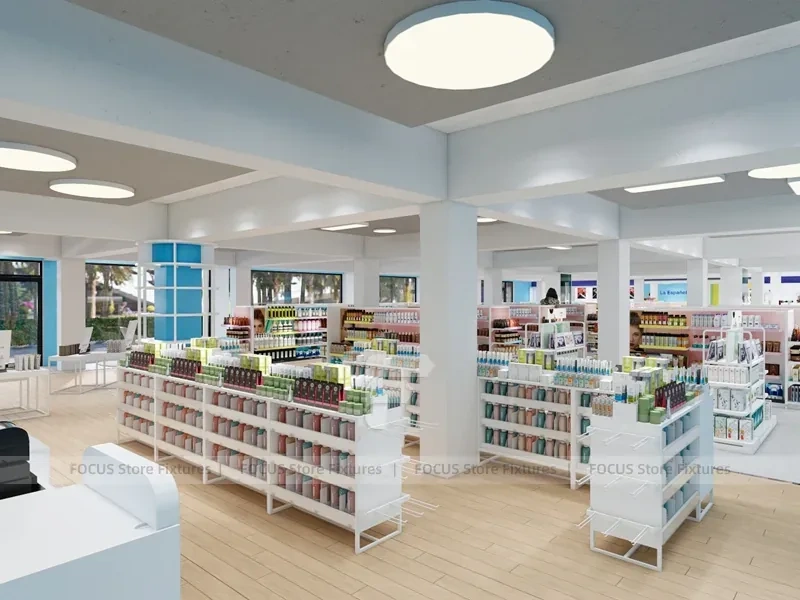 Beauty Supermarket Central Gondola and Perimeter Shelving Layout for Wig Shop