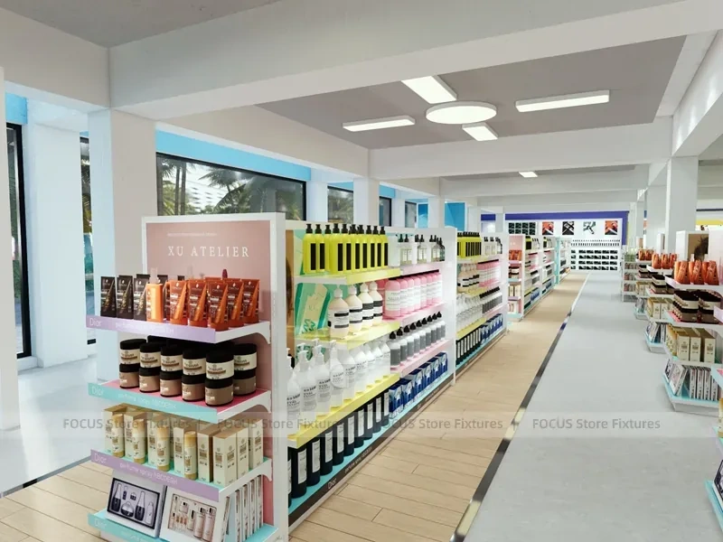Beauty Supermarket Central Gondola and Perimeter Shelving Layout for Wig Shop