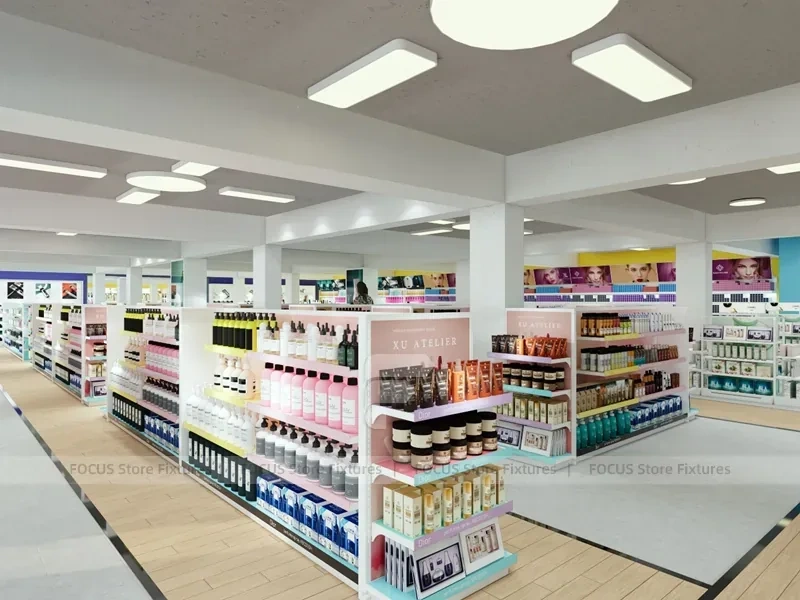 Beauty Supermarket Central Gondola and Perimeter Shelving Layout for Wig Shop