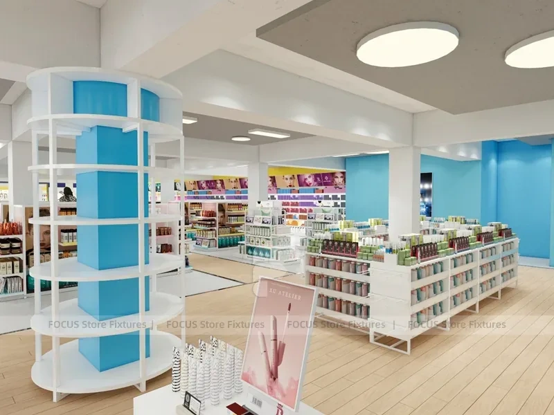 Beauty Supermarket Central Gondola and Perimeter Shelving Layout for Wig Shop