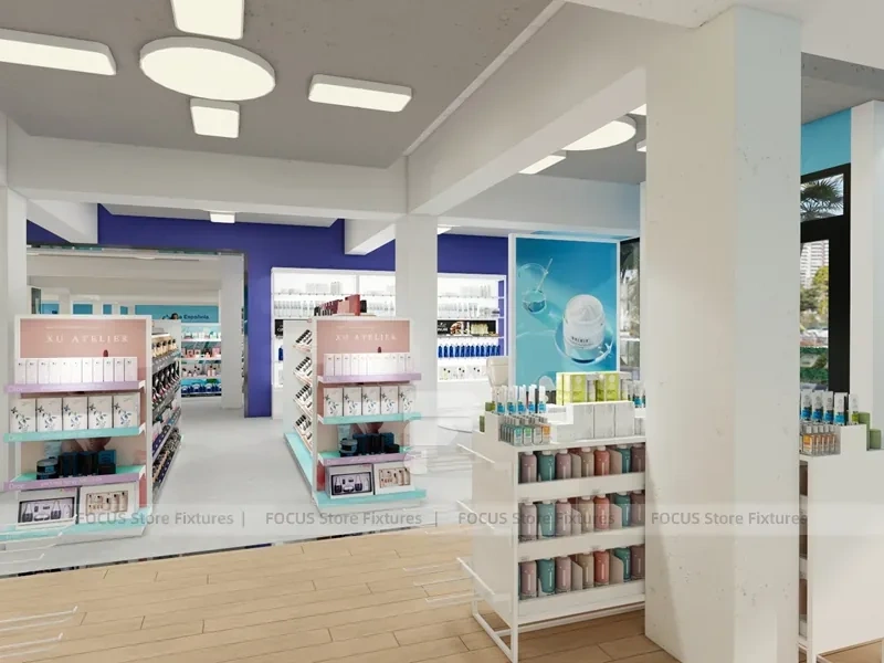 Beauty Supply Entry Aisle with Side Island Shelving for Wig Shop