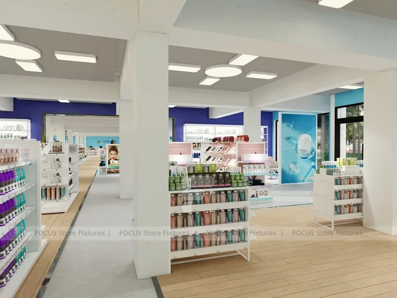Beauty Supply Entry Aisle with Side Island Shelving for Wig Shop