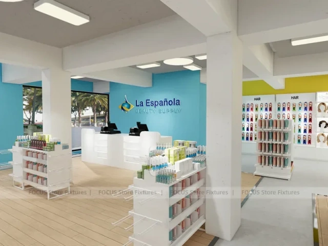 Beauty Supply Entry Aisle with Side Island Shelving for Wig Shop